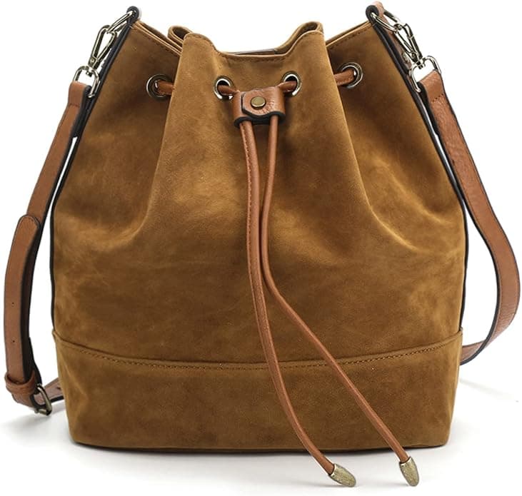 AFKOMST Suede Bucket Bag for Women Slouchy Shoulder Handbag Drawstring Hobo Purse