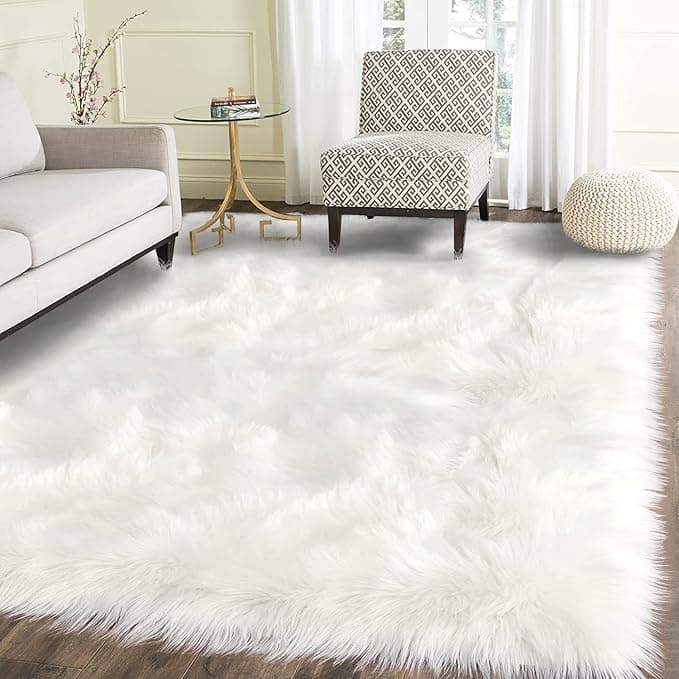 Latepis High Pile Faux Fur Area Rug, 5 x 8 ft, White, Fluffy Rug for B