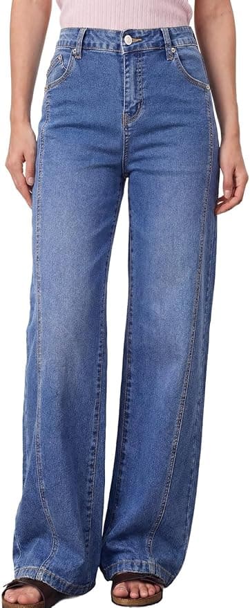 Astylish Women's High Waisted Wide Leg Jeans — Front Seam Straight Denim Pants