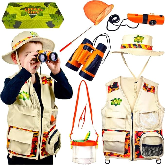 Kidz@Play Bug Hunting Kit — Binoculars, Magnifier, Compass, Net, and Explorer Vest for Kids