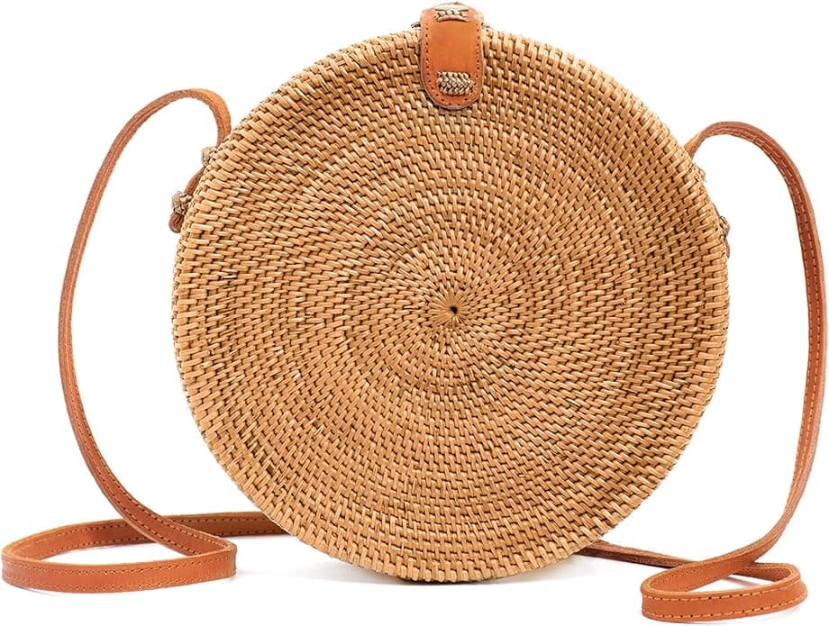 Novum Crafts Round Rattan Bag for Women – Handmade Ata Wicker Woven Pu
