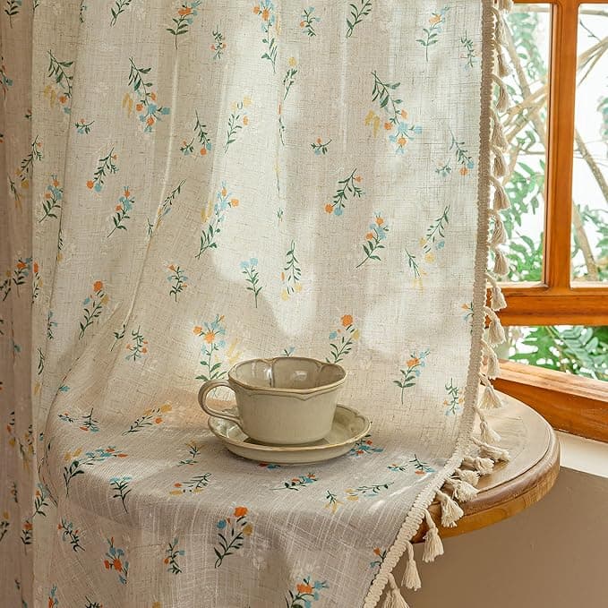 MYSKY HOME Boho Floral Linen Semi-Sheer Curtains 84 Inch 2 Panels