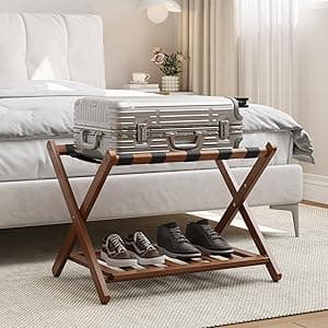 Bamboo Luggage Rack – Folding Suitcase Stand with Shelf