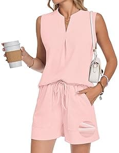 AUSELILY Waffle Knit V-Neck Pleated Shorts Set