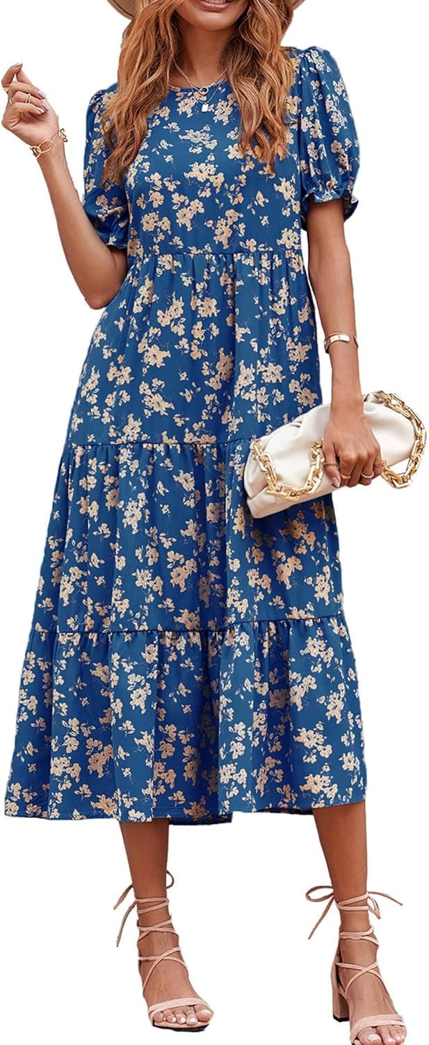 PRETTYGARDEN Floral Midi Sun Dress with Puff Sleeves