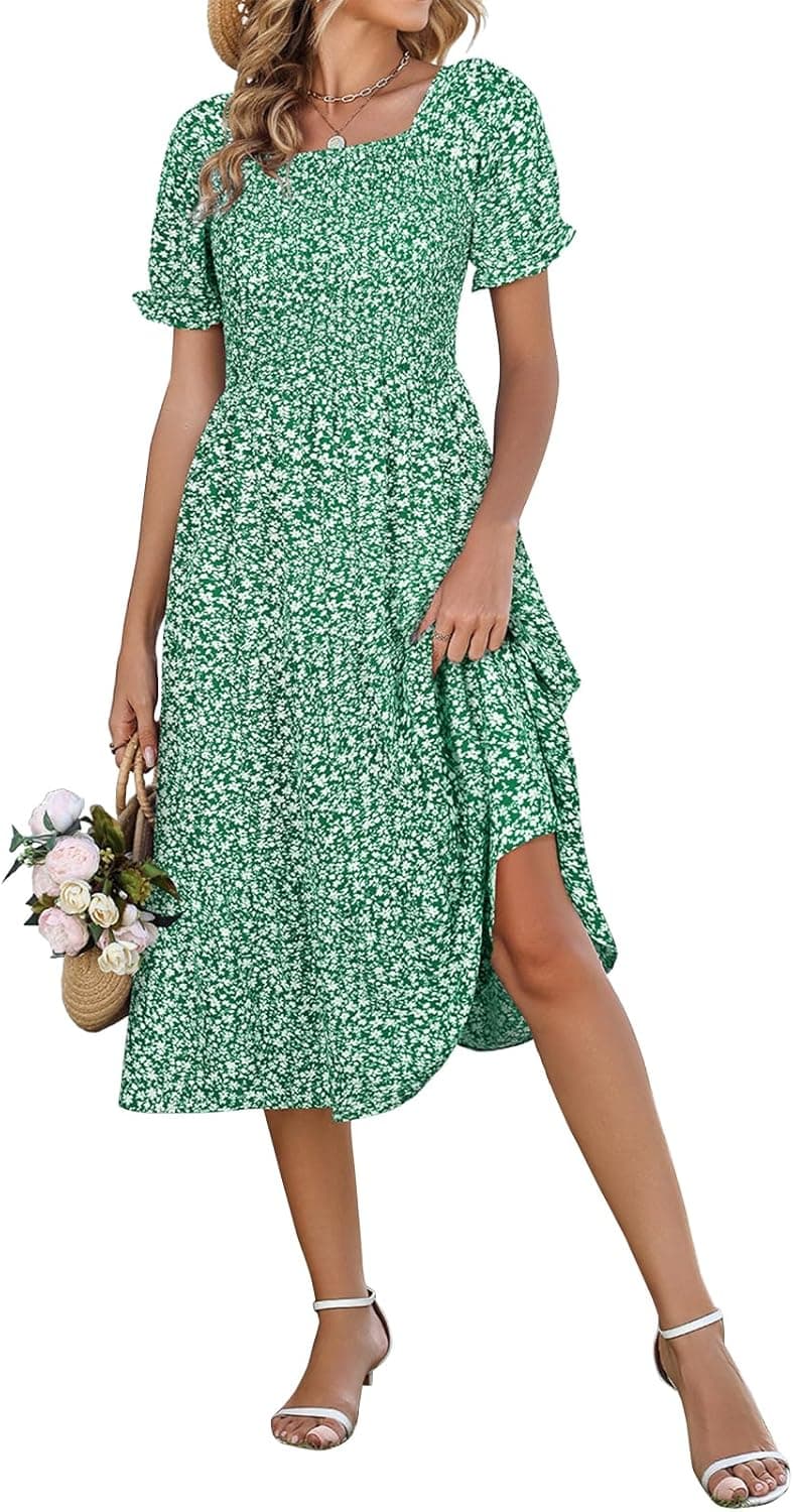Smocked Square Neck Floral Midi Dress