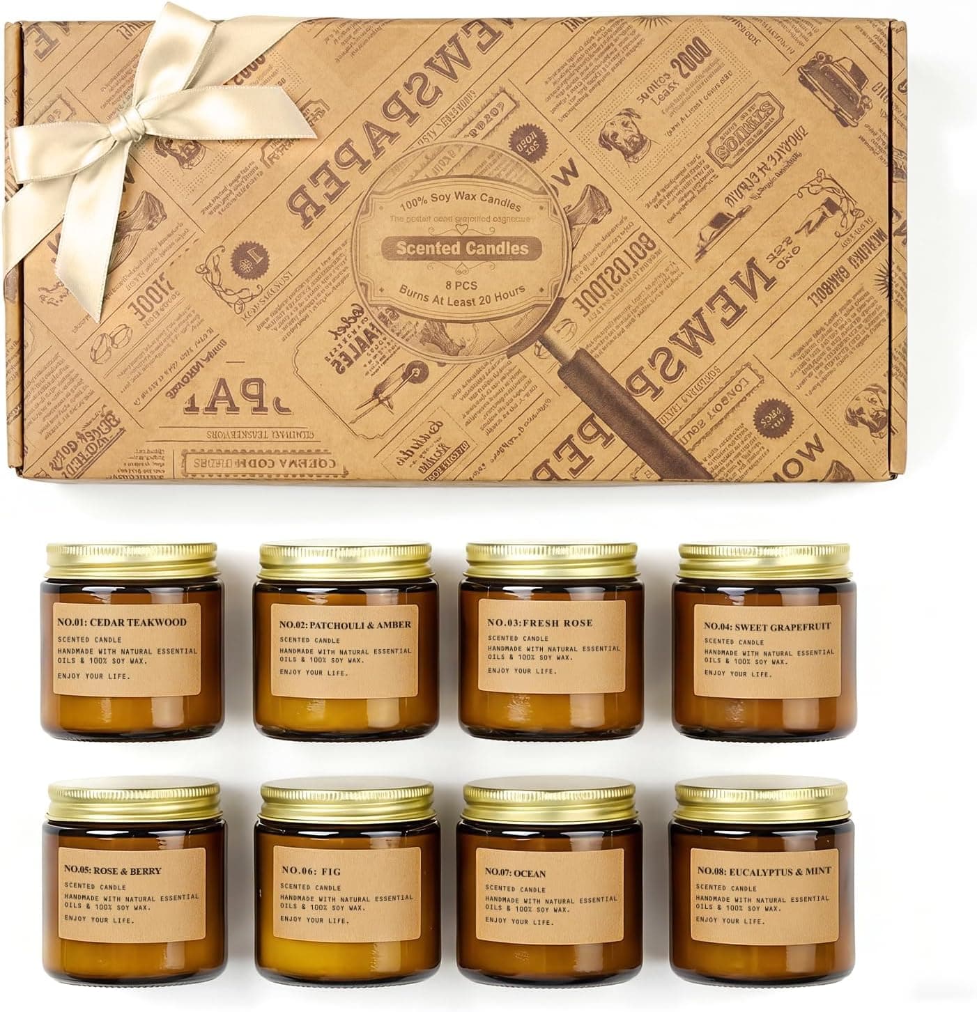 8-Pack Soy Wax Candle Set in Amber Apothecary Jars